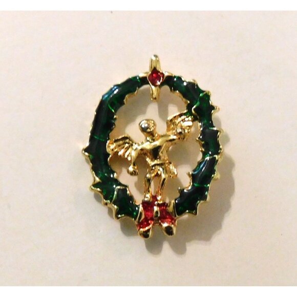 Vintage Christmas Angel Wreath Pin Brooch Gold Tone Enamel Holiday Accessory - Picture 1 of 4